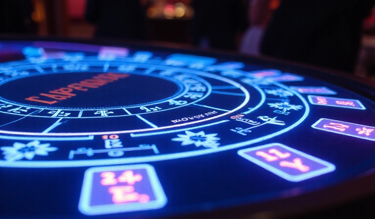 Abstract blackjack table with cards and neon lighting